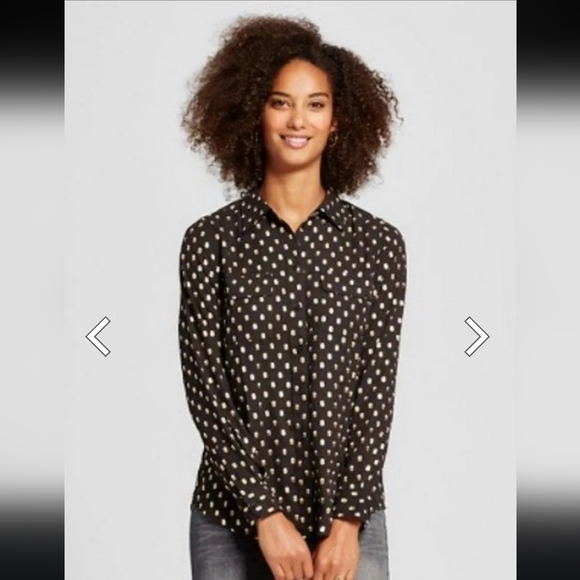 Who What Wear Tops - Who What Wear Black Gold Polka Dots Button Down Collared Top Blouse Long Sleeve